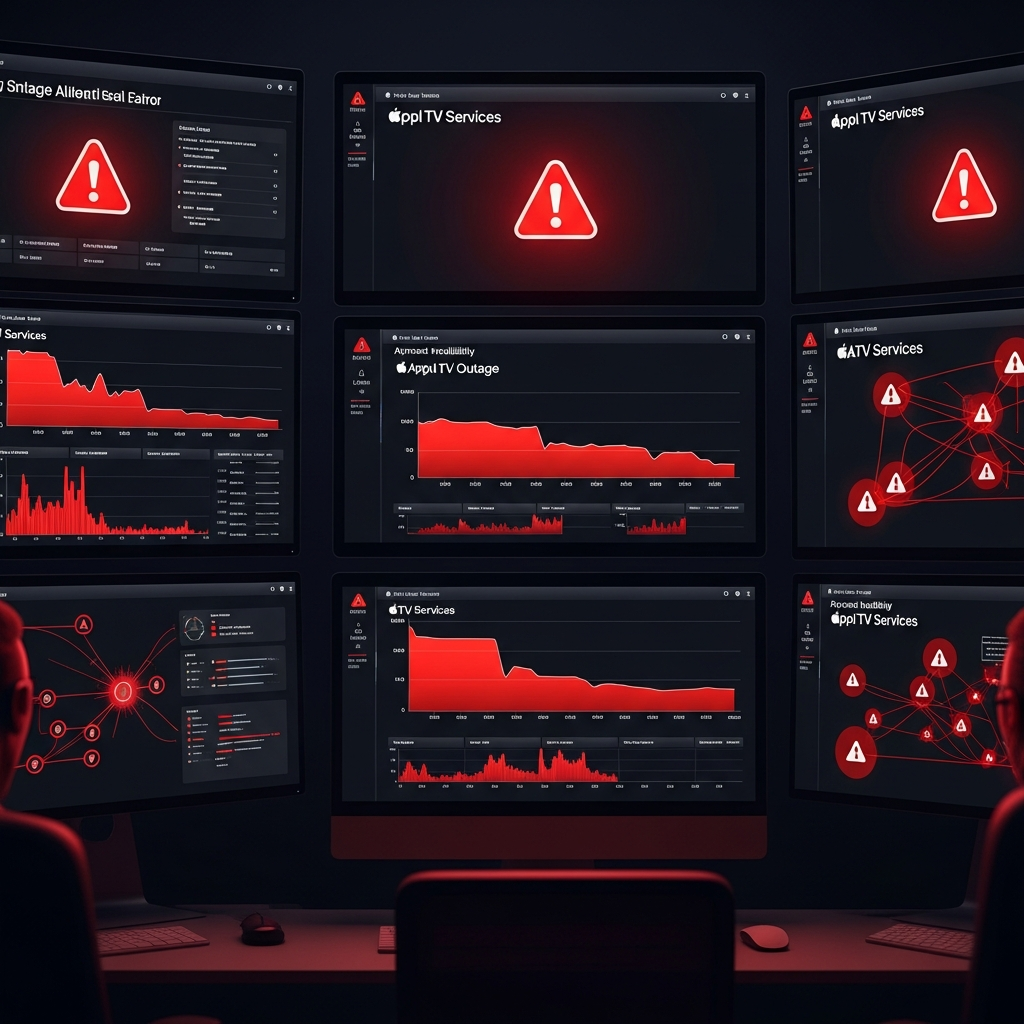 Multiple computer monitors displaying Apple TV service outage status with red error indicators and downtime graphs. Technical monitoring room atmosphere with dramatic lighting showing system failure alerts. No text in image.