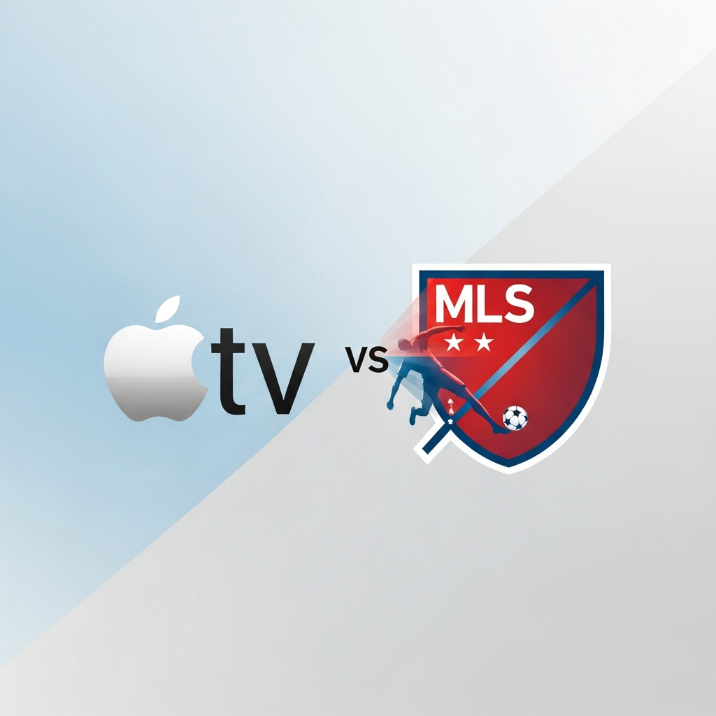 Clean infographic showing the Apple TV logo and MLS logo merging, symbolizing a new streaming agreement. Modern layout with vibrant colors, no visible text. Textured background with a subtle gradient.