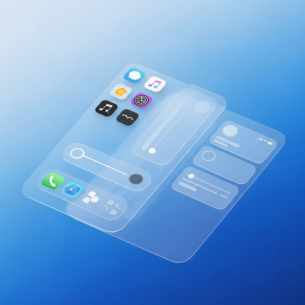 Apple iOS update concept with modern interface elements, clean tech aesthetic, gradient blue background, professional presentation style, no text