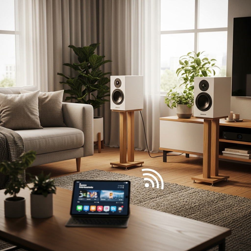 A modern living room scene with an elegant pair of Audio Pro A28 W stereo speakers wirelessly connected to an Apple device (iPhone or iPad), playing music. Emphasize the clean design of the speakers and the seamless wireless connection. Style: lifestyle photography, warm lighting, natural setting.