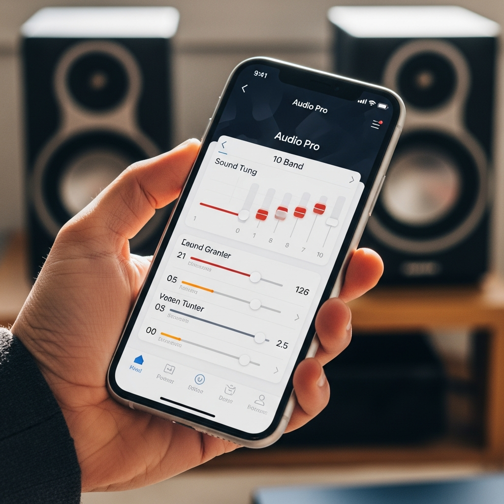 A close-up lifestyle image of a hand holding a smartphone, displaying the Audio Pro app interface with a 10-band equalizer for sound tuning. The background subtly shows the Audio Pro A28 W speakers. Style: lifestyle photography, clean UI design, natural lighting.