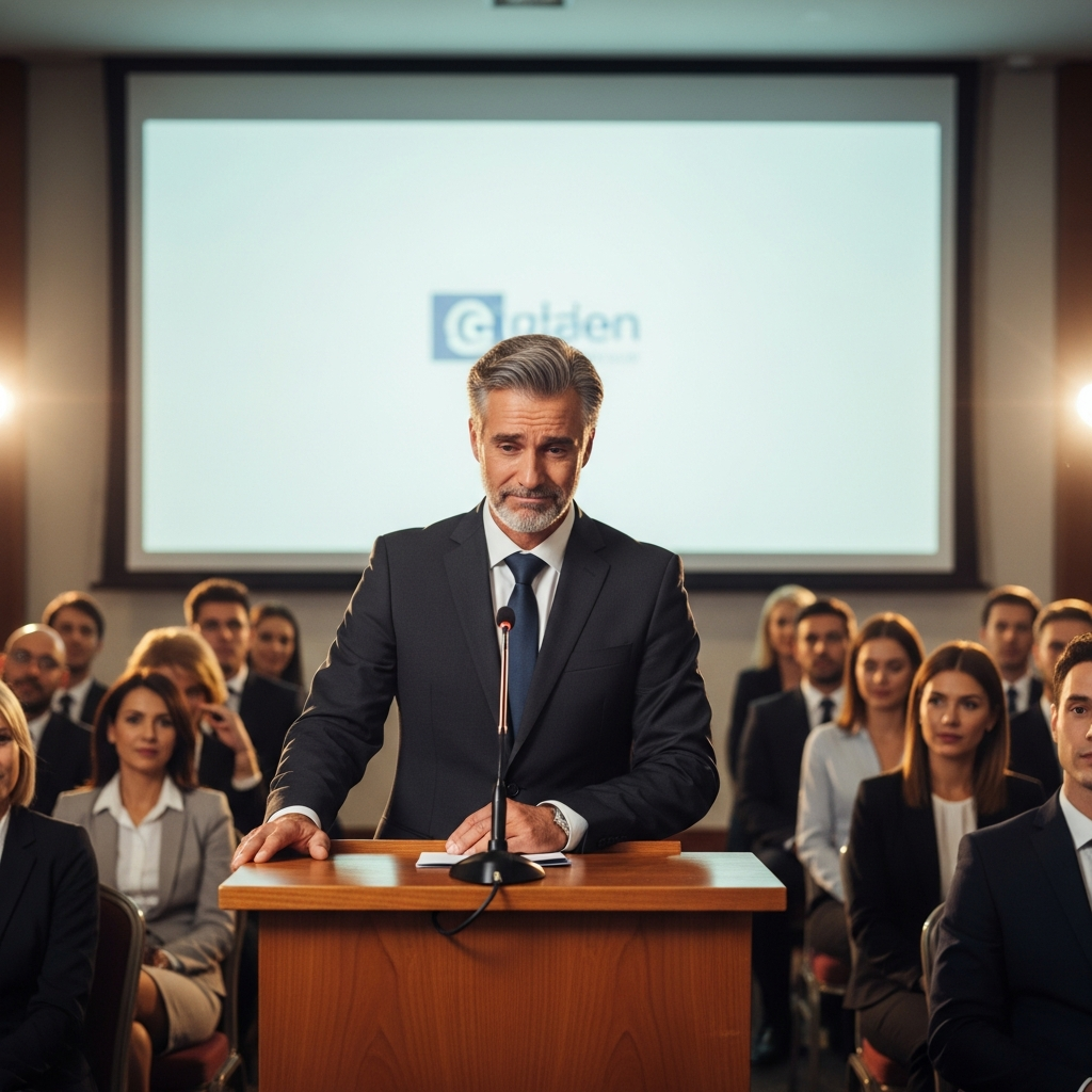 Professional CEO giving a sincere apology speech at a podium, with respectful and understanding audience members. Corporate conference room setting with warm professional lighting, realistic business photography. No text.