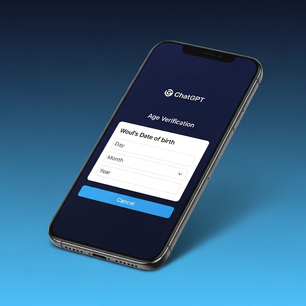 A modern smartphone displaying ChatGPT interface with age verification screen, sleek design, professional lighting, gradient blue background, clean tech aesthetic, no text visible