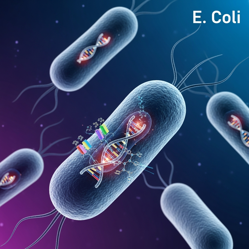 Microscopic view of E. coli bacteria undergoing genetic engineering, with strands of foreign DNA being inserted into their structure. Illustrate the scientific process in a clean infographic style, emphasizing precision and biological elements. Style: scientific illustration, modern and precise, high contrast, gradient background, no text.