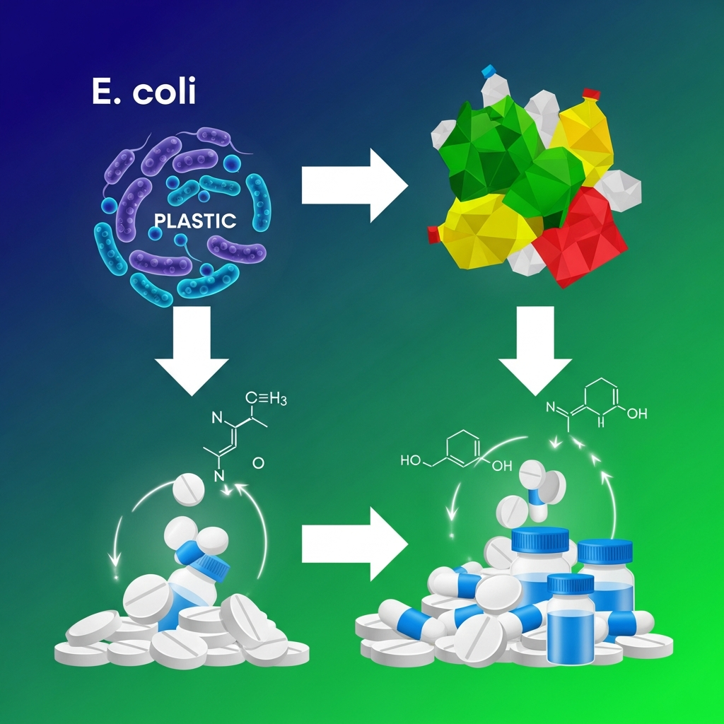 A vibrant infographic showing E. coli bacteria consuming plastic waste and converting it into pharmaceutical pills and bottles. Emphasize the transformation process with arrows and clear, stylized representations of molecules. Style: clean infographic, modern layout, high contrast, colored background, no text.