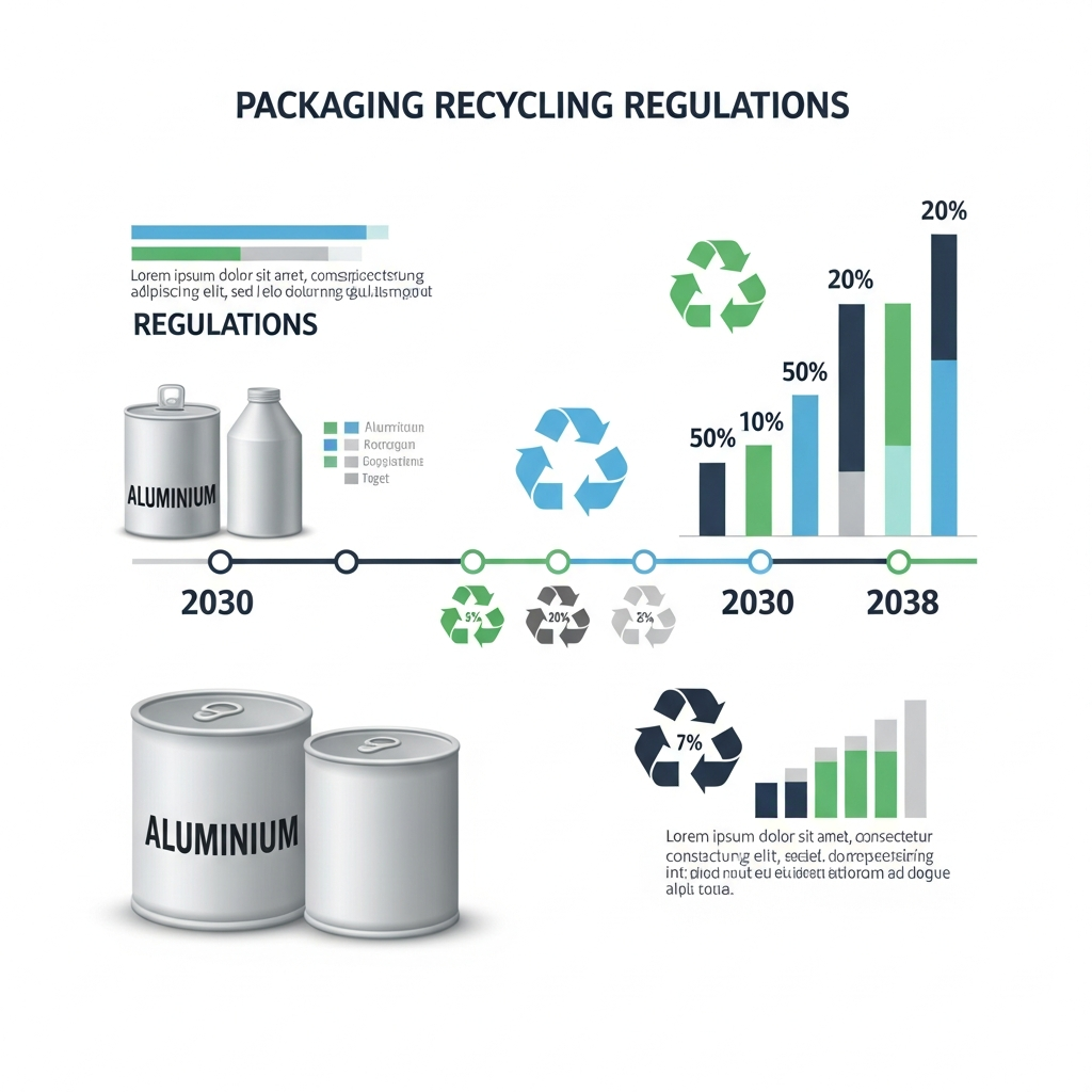 A clean infographic showing packaging recycling regulations timeline with 2030 and 2038 milestones, featuring aluminum containers and recycling symbols. Modern business infographic style with charts and percentages. No text in image.