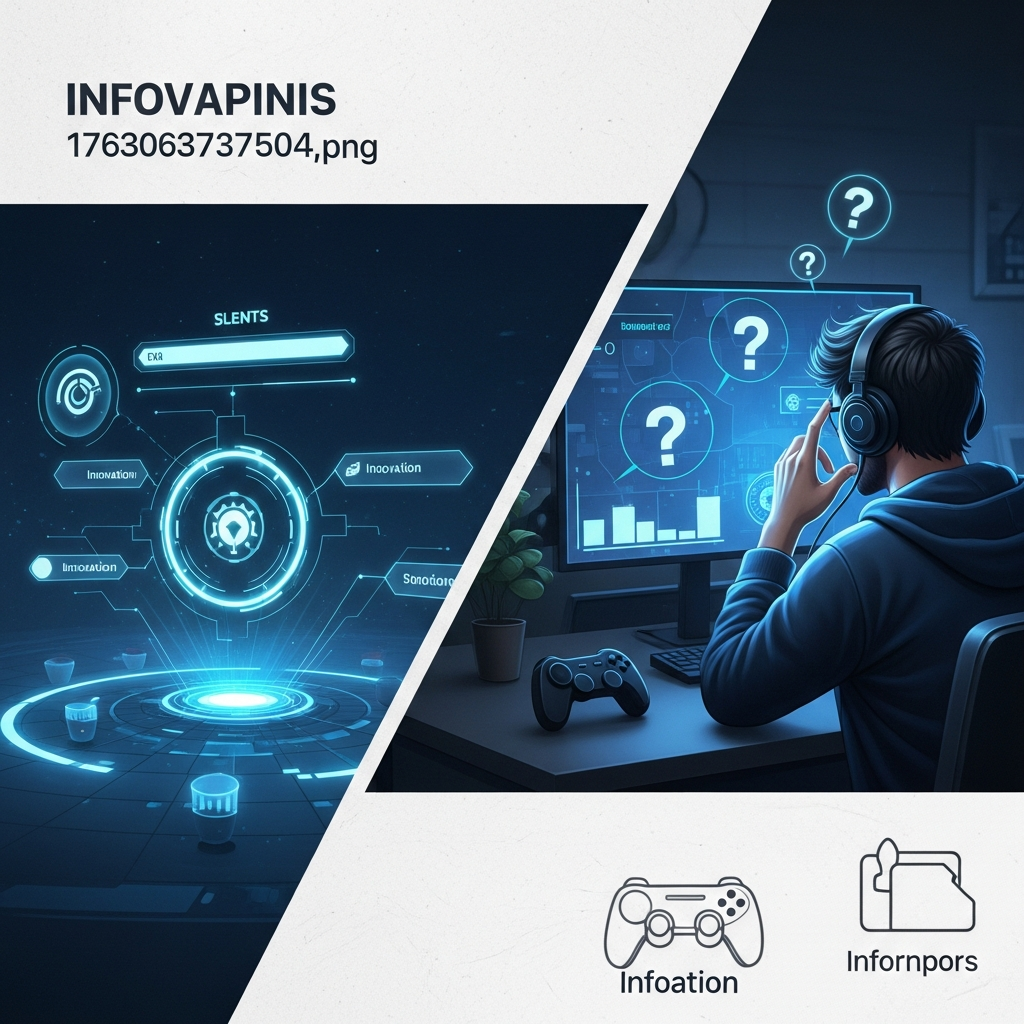 A split-screen infographic showing two contrasting scenes. On one side, a clean and futuristic game UI with glowing elements, representing innovation. On the other side, a frustrated gamer looking at a confusing screen with question marks. Use a textured background with a subtle gradient. No visible text.
