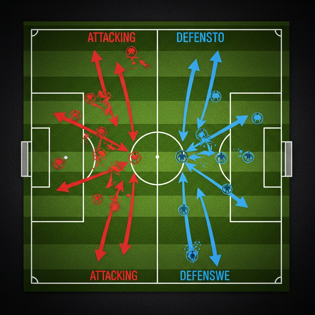 An infographic illustration showing a football field with arrows and strategic lines representing new tactical options in Football Manager 26. Display two distinct tactical setups, one for attack and one for defense. Use a clean, modern style with a dark textured background. No visible text.