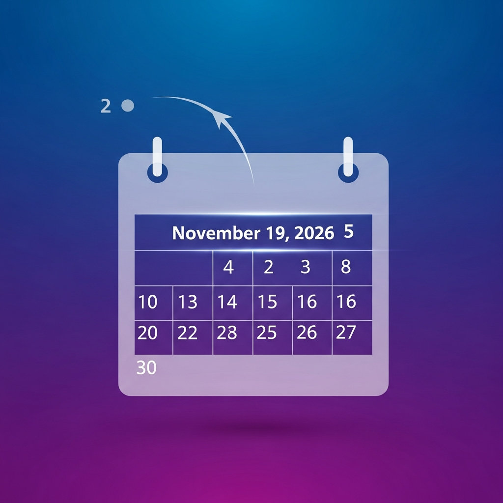 A stylized, clean infographic displaying a calendar with "November 19, 2026" highlighted, indicating a game release delay. The background is a gradient of deep blue and purple, suggesting a futuristic tech interface. No visible text on the image.