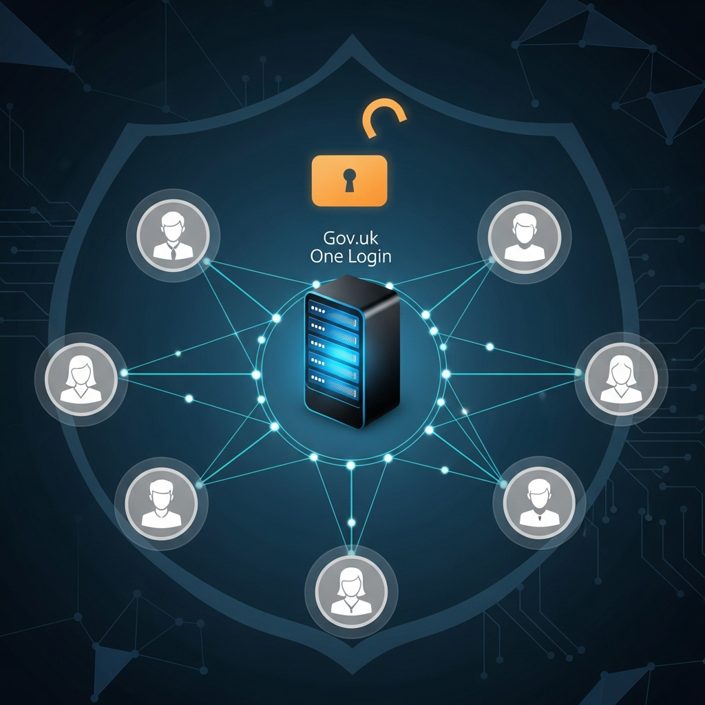 A clean, modern infographic illustrating a network of user icons connecting to a central "Gov.uk One Login" server, with a subtle warning sign or lock icon that is slightly open, on a secure, tech-themed background. No text.