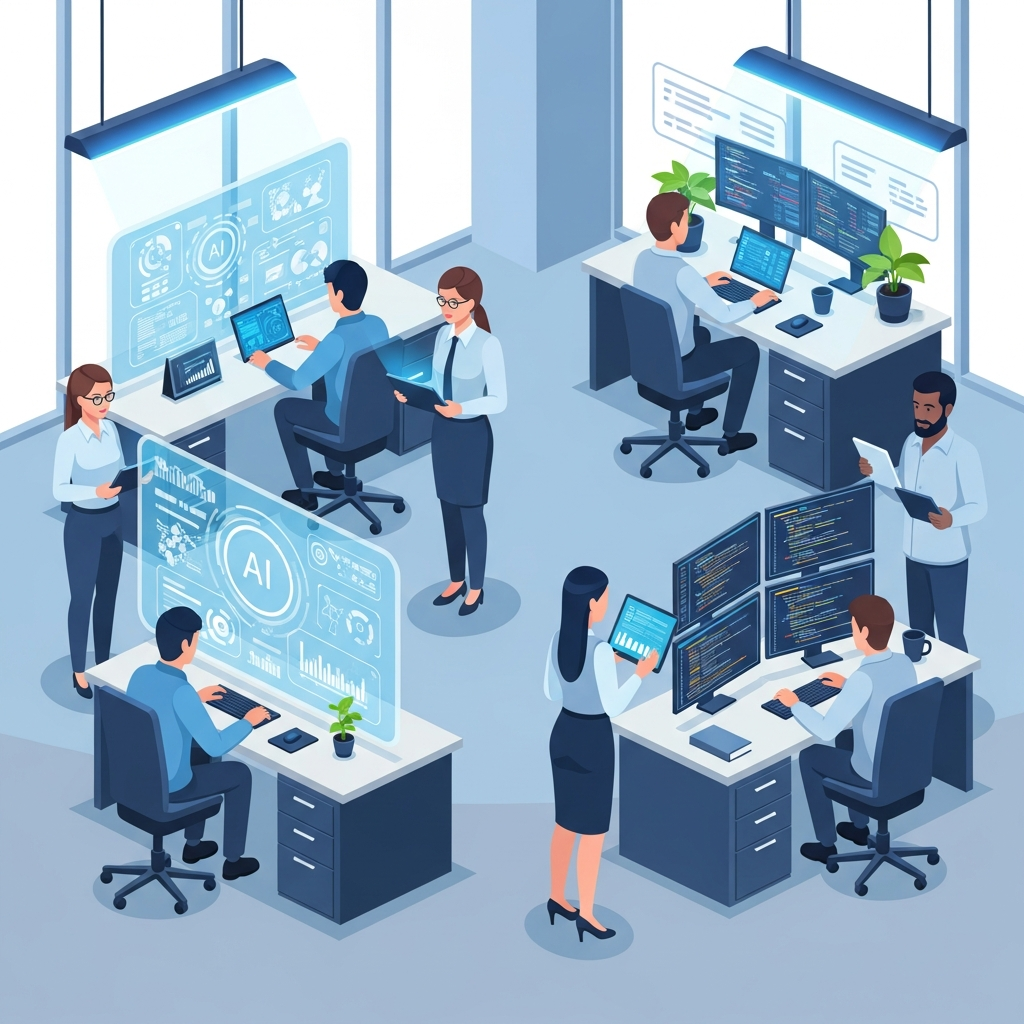 Futuristic tech office environment with diverse developers collaborating, AI interfaces and traditional coding workstations side by side, innovative atmosphere, professional lighting, clean infographic style, no text