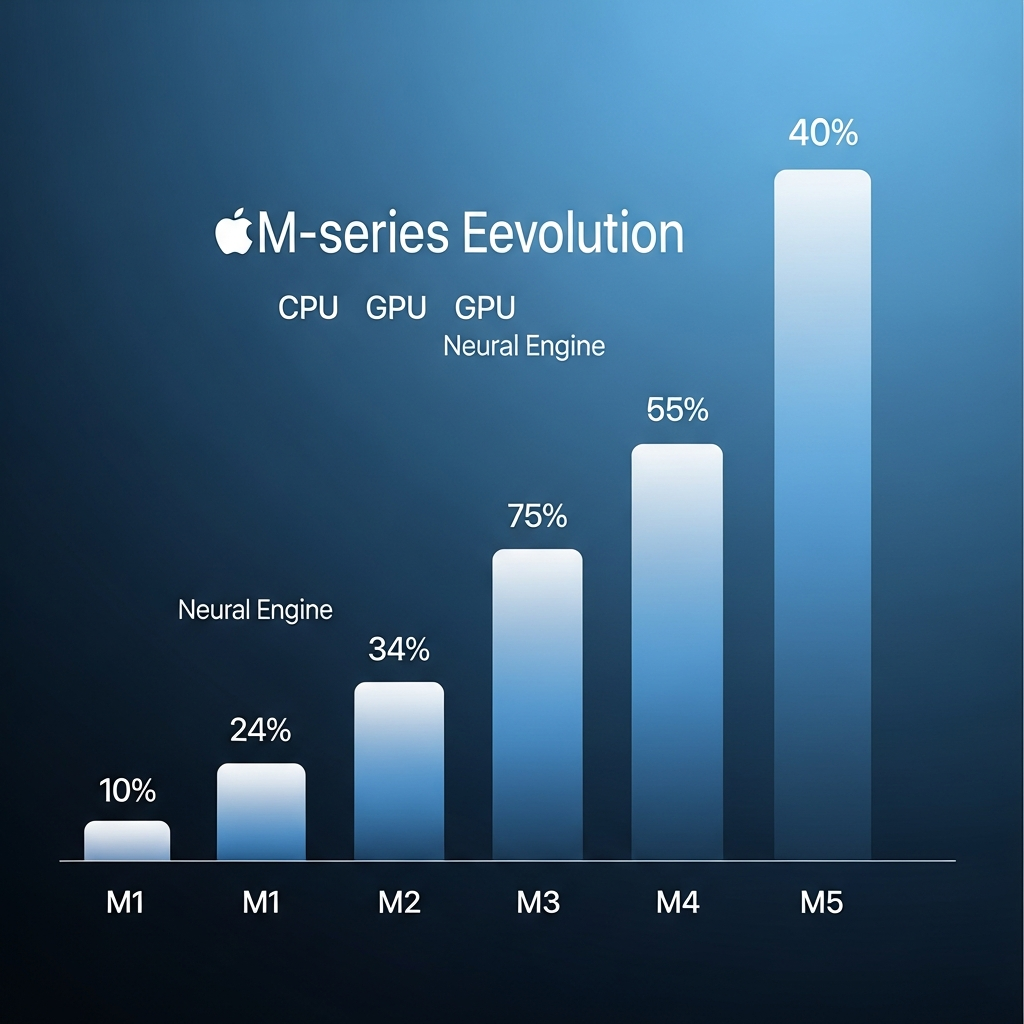 A performance comparison visualization showing the evolution from M1 to M5 chips, ascending bar charts and performance metrics, clean infographic style, gradient background, professional data visualization, no text