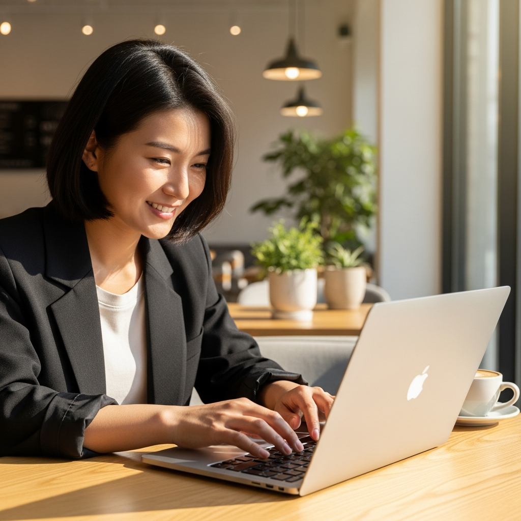 A Korean person happily using a sleek, thin MacBook Air with an M4 chip in a bright, modern cafe setting. The focus is on the user's interaction with the laptop, showing portability and ease of use. Lifestyle photography, warm lighting, natural setting, no visible text.