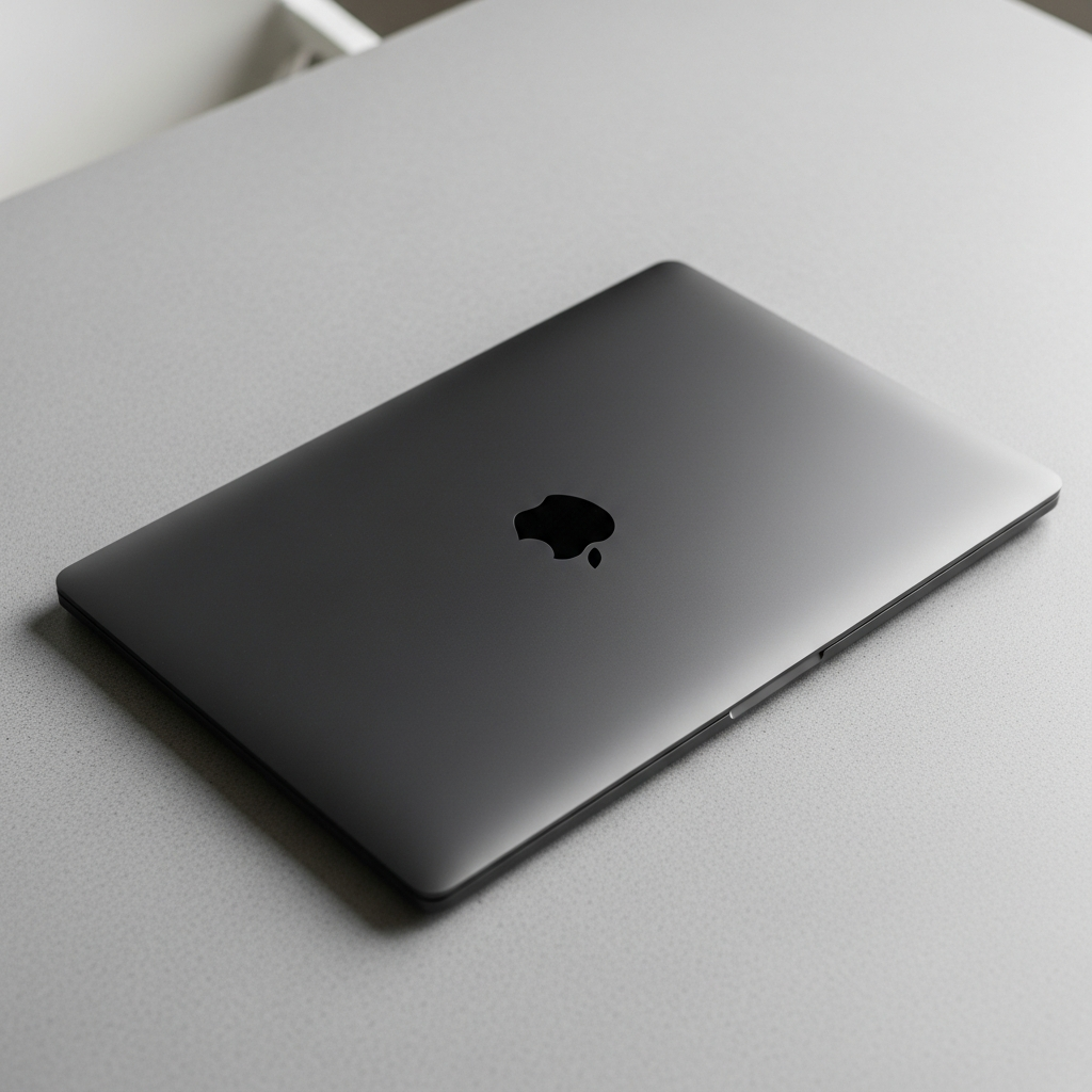 A modern, high-angle shot of a current generation MacBook Pro in Space Black, resting on a clean, textured grey desk. The design is sleek and minimalist, focusing on the laptop's form factor. Bright, balanced lighting. No text, lifestyle photography.