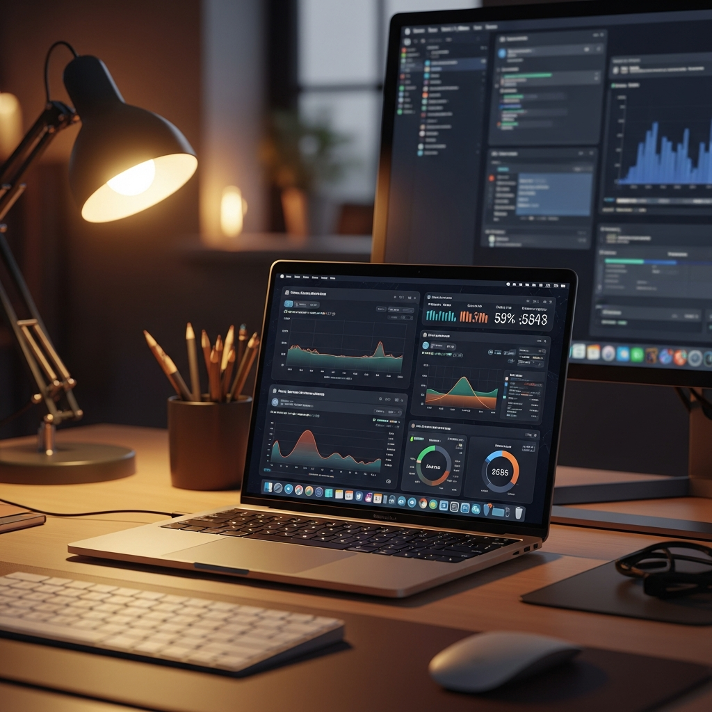 High-performance MacBook Pro with M5 chip visualization, technical performance graphs and charts, professional workspace setting, modern office environment, warm lighting, detailed close-up view, no text