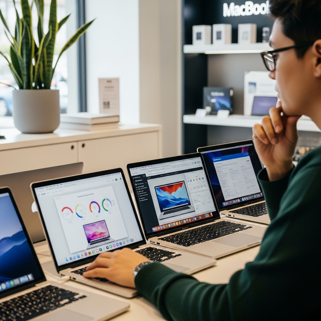 Person contemplating laptop purchase decision, comparing different MacBook models on desk, thoughtful expression, modern electronics store or home office setting, natural lighting, decision-making atmosphere