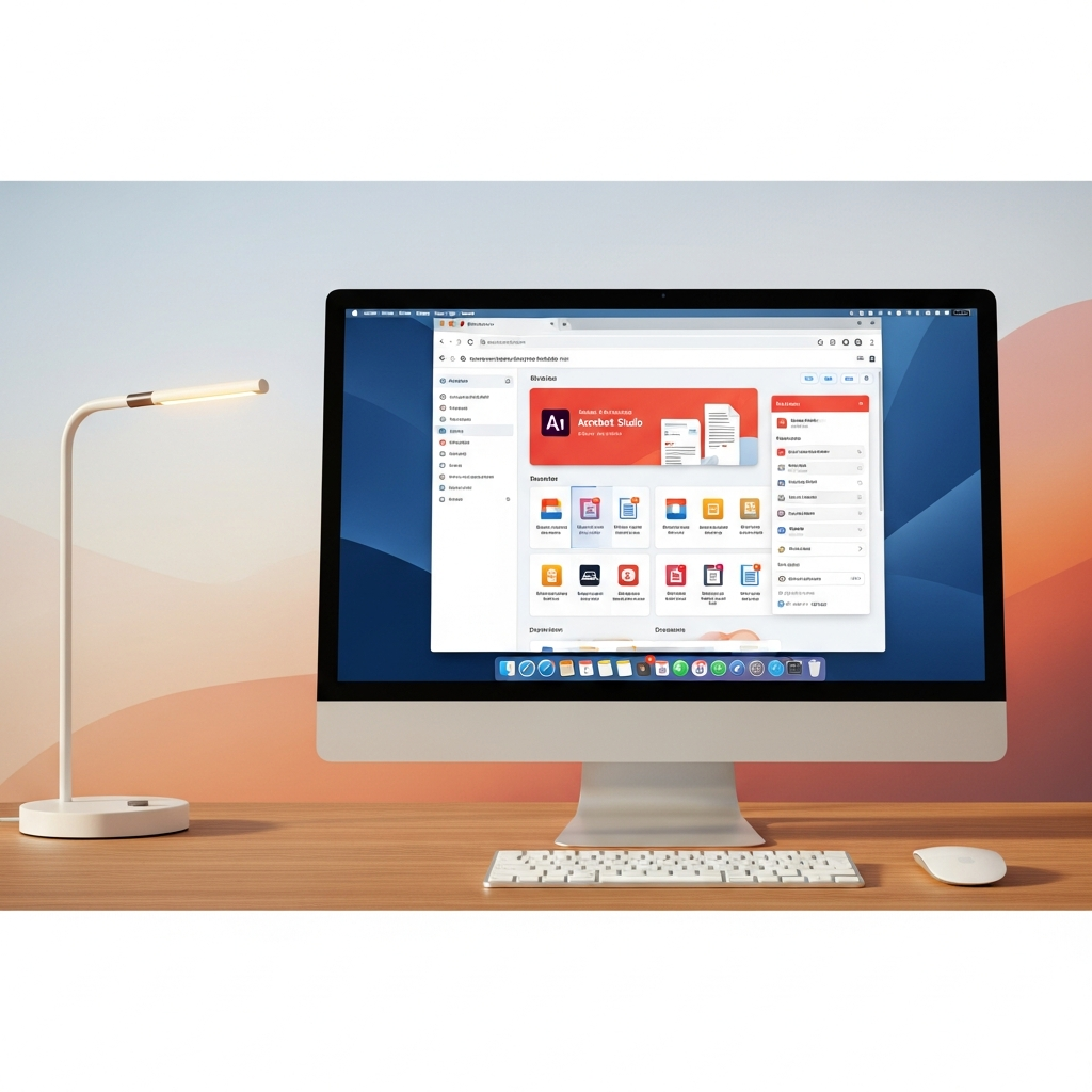 A sleek Mac desktop setup showing a web browser displaying Adobe Acrobat Studio's interface. The scene emphasizes a clean, efficient digital workspace without bloatware, with a user-friendly experience. Style: lifestyle photography, warm lighting, natural setting. Gradient background, full frame. No visible text.
