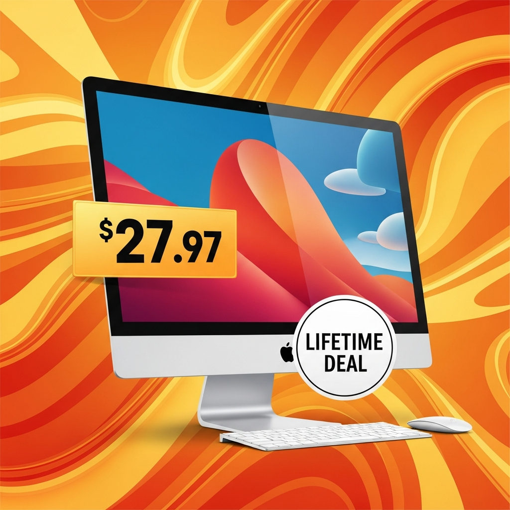 A modern promotional graphic featuring a stylized Mac computer with a prominent "27.97" price tag and a "Lifetime Deal" badge. The background is a dynamic, abstract pattern of warm oranges and yellows. Style: vibrant, high contrast. No text.
