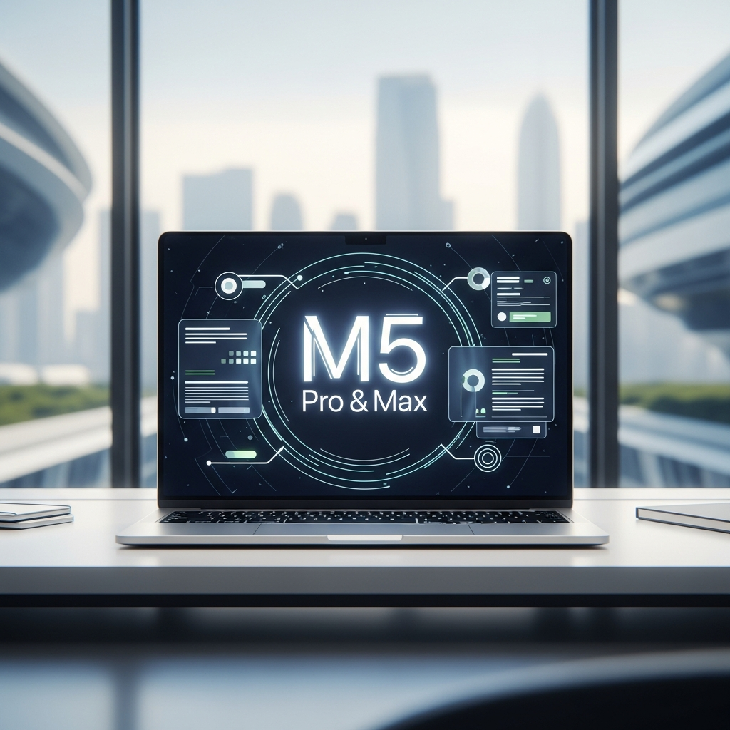 A sleek, modern Apple MacBook Pro with a glowing screen, subtly displaying 'M5 Pro & Max'. The laptop is on a minimalist desk in a bright, futuristic office setting. Emphasize anticipation and advanced technology. No text, clean infographic style.