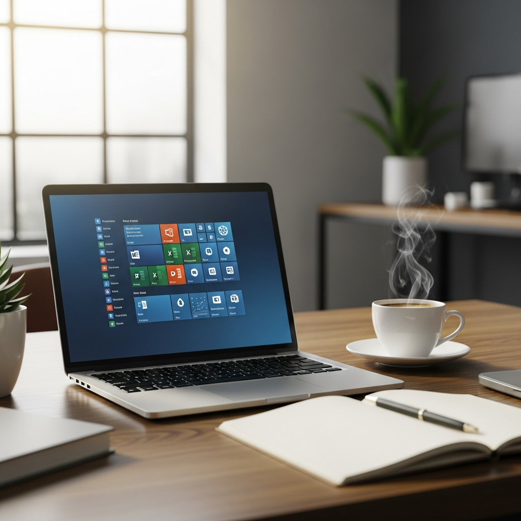 Lifestyle photography showing a modern workspace with laptop displaying Microsoft Office applications icons, clean desk setup with coffee cup and notebook, natural lighting, professional atmosphere, no text