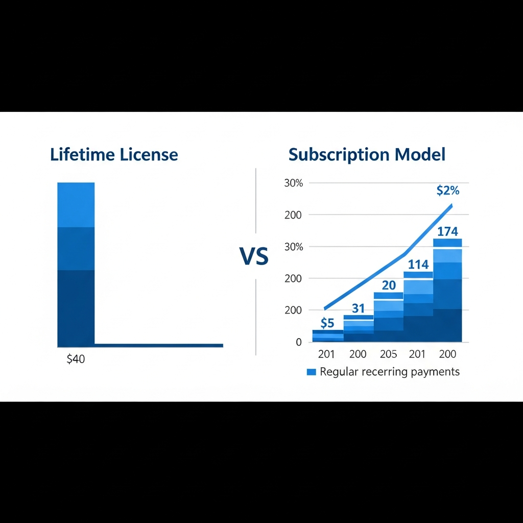 Clean infographic comparing Microsoft Office lifetime license vs subscription model, showing cost savings over time with charts and graphs, professional business style, blue and white color scheme, no text