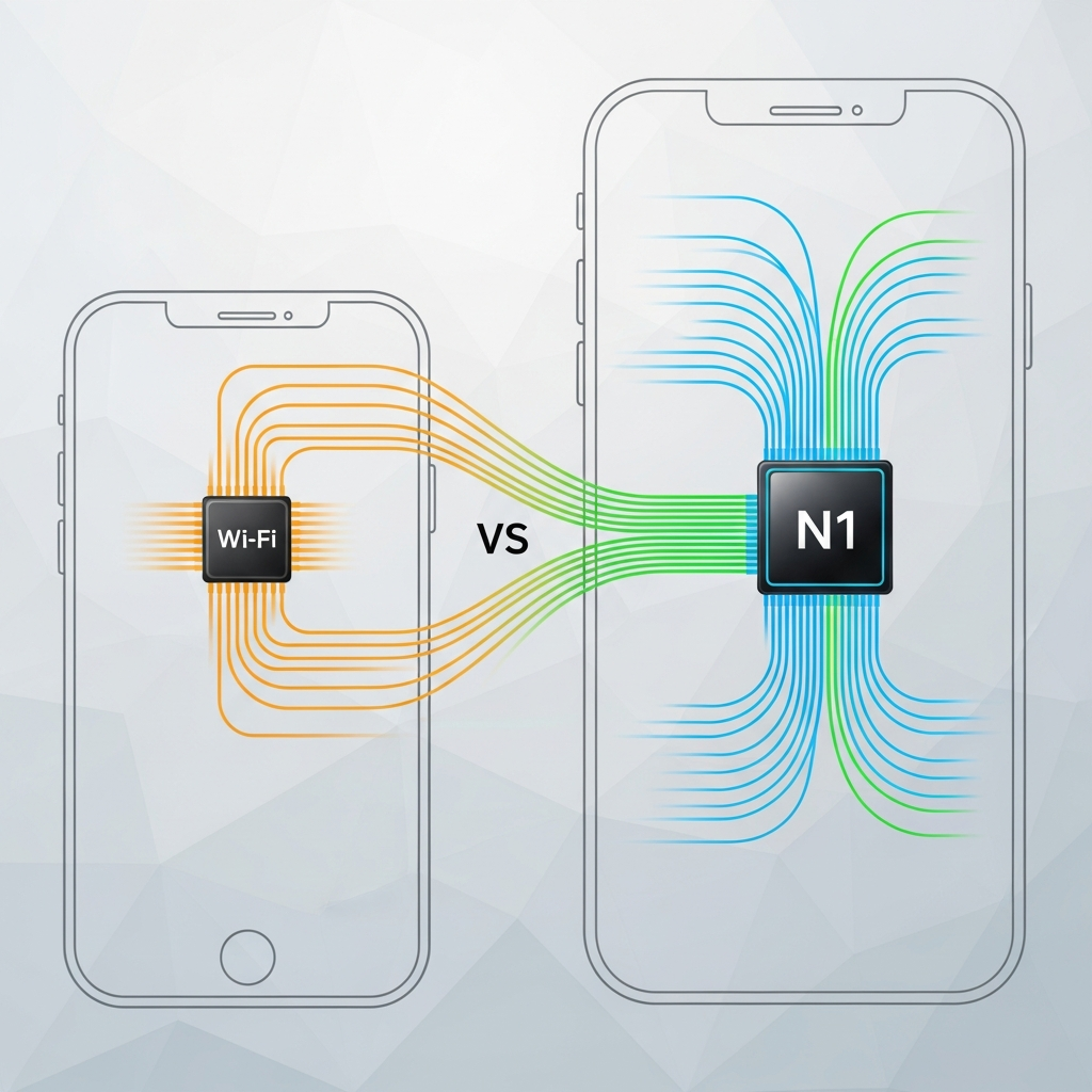 Modern infographic illustrating the transition from an older, less efficient Wi-Fi chip to the advanced N1 chip within a smartphone. Show improved data flow and speed with bright, dynamic lines. Background: light gray and white geometric pattern. Style: clean, high contrast, no visible text.