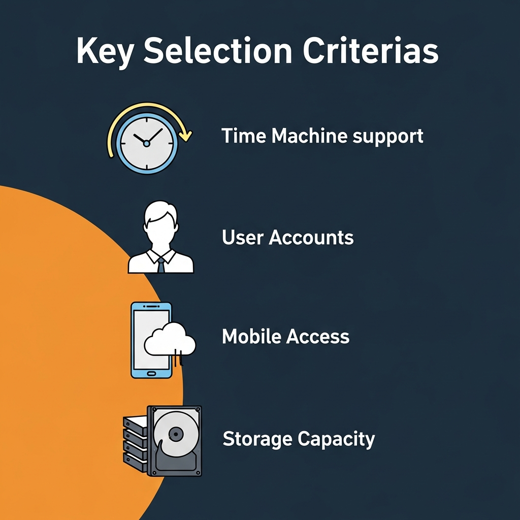 A clear infographic visualizing key selection criteria for NAS drives, such as Time Machine support, user accounts, mobile access, and storage capacity. Focus on clean lines and distinct icons. Modern layout, high contrast, colored background. No text.