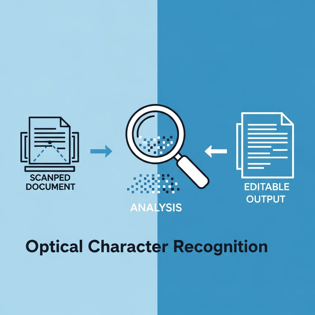 A clean infographic illustrating the OCR process, showing a scanned document being transformed into editable text with a magnifying glass and document icons. High contrast, modern layout, colored background, no visible text.