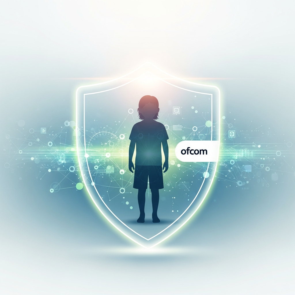 A metaphorical image of a shield protecting a child in a digital environment, with a subtle Ofcom logo visible. The background is a clean, modern design with soft, illuminating light. Style: clean infographic, modern layout. No text.