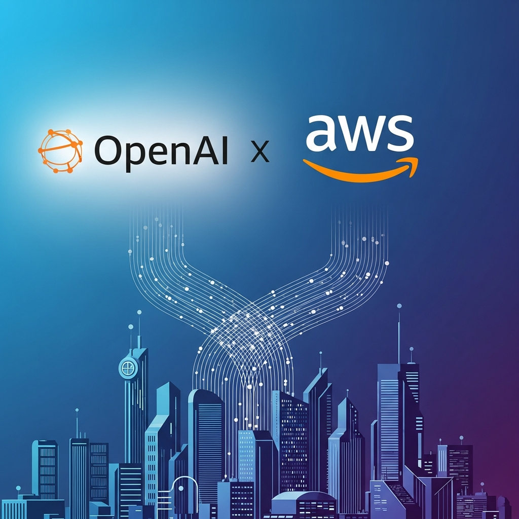 Modern, clean infographic showing the OpenAI logo and Amazon Web Services (AWS) logo side-by-side, connected by abstract data lines flowing into a stylized futuristic city. Emphasize growth and partnership. Style: clean infographic, modern layout, high contrast. Colored background with blue and purple gradients. No visible text.