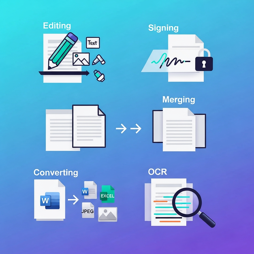 A clean infographic illustrating various PDF Expert functions like editing, signing, merging, converting, and OCR, using modern icons and a high-contrast layout on a gradient background, no text.