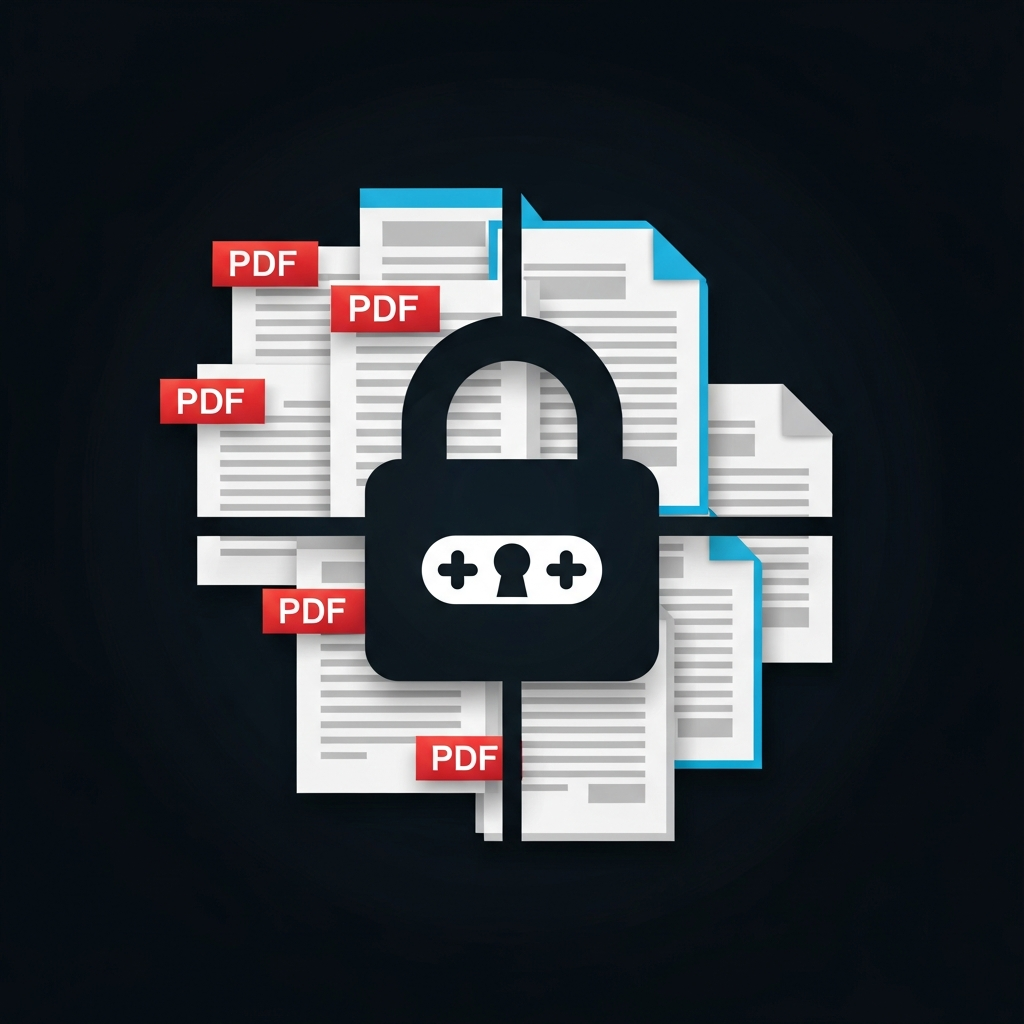 An infographic combining a lock icon with document icons, symbolizing PDF document security and password protection. Professional and clean design with high contrast, colored background, no visible text.