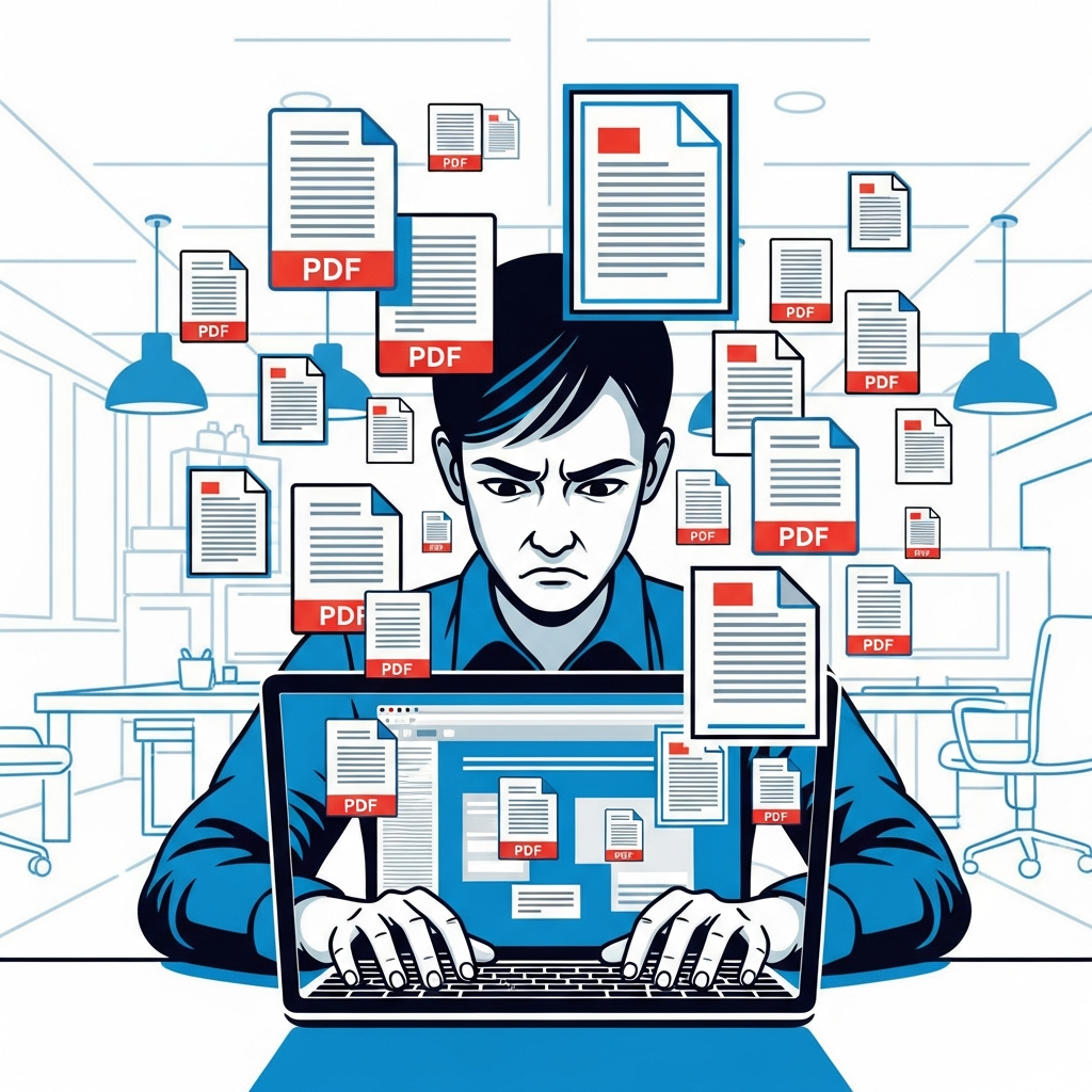 A person looking slightly frustrated while using a MacBook, surrounded by several digital PDF icons, conveying the difficulty of managing PDF documents. Modern office background, high contrast, infographic style, no text.