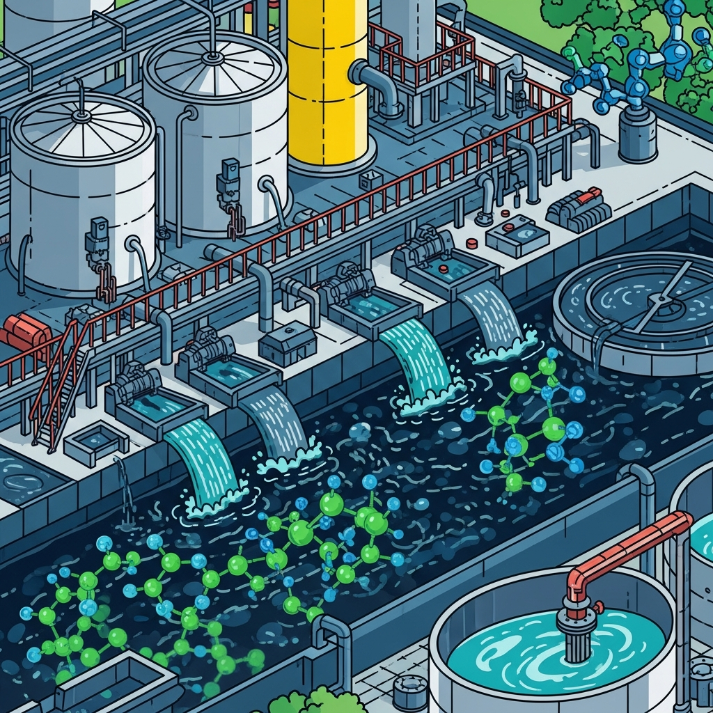 Industrial water treatment facility with contaminated water, PFAS molecules visualization, environmental pollution infographic style, modern clean layout, high contrast colors, scientific illustration, no text