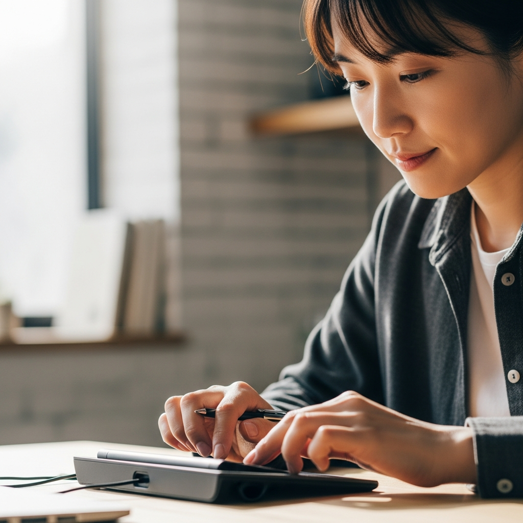 A Korean person focused and engaged while working with the TP1 trackpad, possibly in a modern co-working space or a home office. Show a sense of concentration and ease. Soft, natural lighting with a subtly textured background. Style: lifestyle photography. No visible text in image.