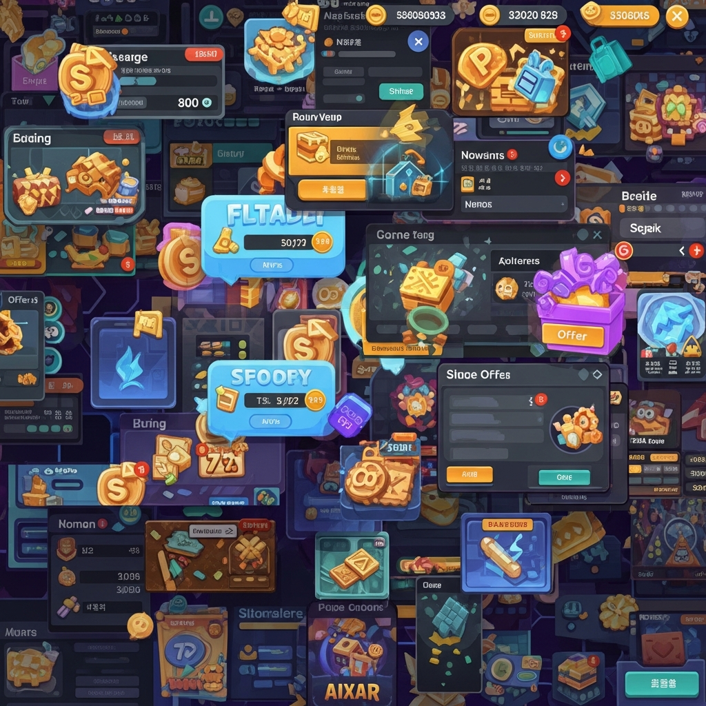 An infographic illustrating a cluttered mobile game user interface. The screen is filled with numerous pop-ups, icons, offers, and various UI elements, making it look overwhelming. The design is modern but messy, with bright, high-contrast colors. The background is a subtle gradient. No visible text, especially no Korean characters. Korean appearance characters are not needed as this is a UI shot.