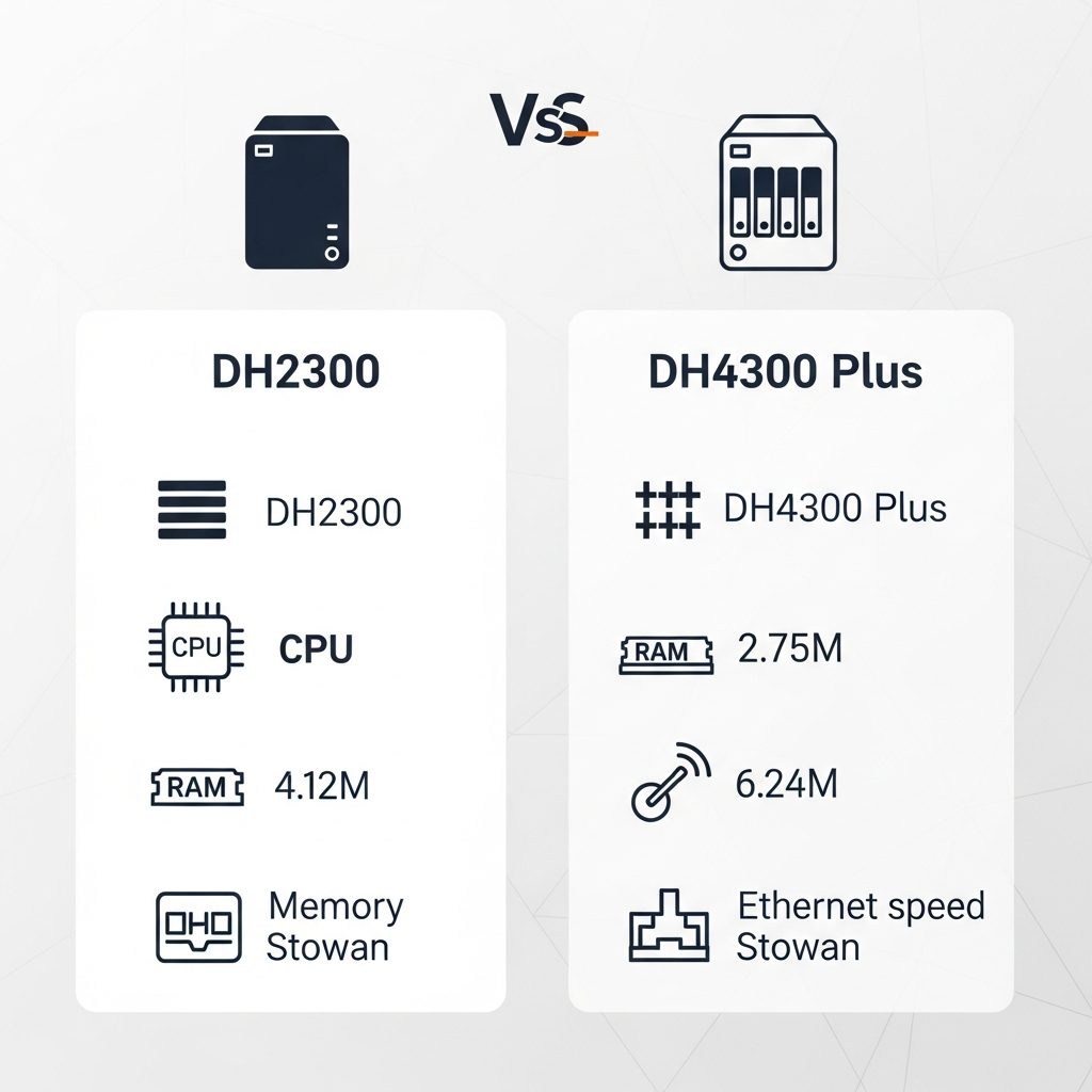 Clean infographic, modern layout, high contrast, visually comparing two distinct NAS models (DH2300 and DH4300 Plus) side-by-side. Highlight key specifications like number of bays, processor, RAM, and Ethernet speed with clear icons. Textured background. No text.