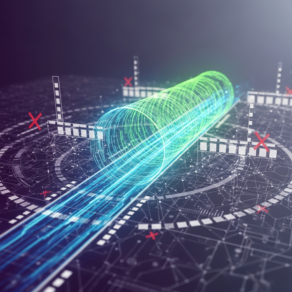An abstract illustration of a network with a prominent VPN tunnel, emphasizing privacy and bypassing restrictions. The background uses a gradient of dark purples and grays with subtle digital patterns. Style: artistic rendering, modern. No text.