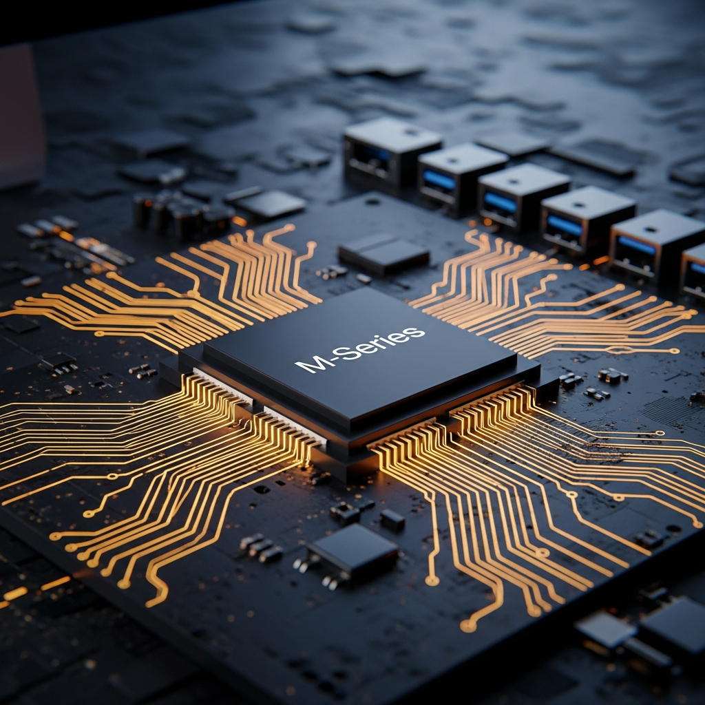 A stylized, close-up shot of a sophisticated circuit board with glowing lines, representing the powerful M-series chip of the iMac Pro. Various advanced ports like Thunderbolt 5 are subtly visible in the background, hinting at connectivity. The lighting is dramatic and technical, with a dark, textured background. No visible text.