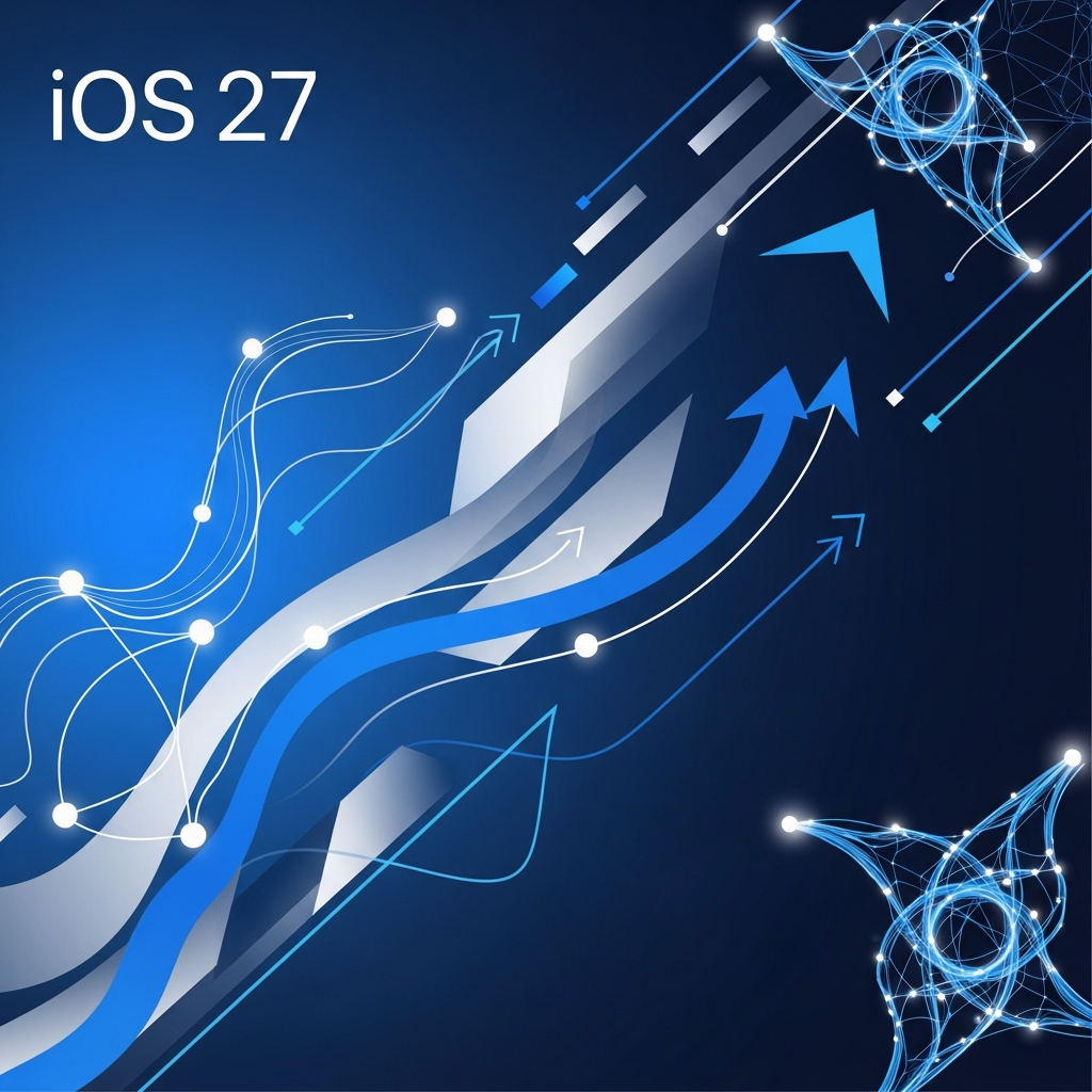 A sleek, modern infographic representing the anticipation for iOS 27, with abstract elements symbolizing stability, performance, and AI. Clean lines, high contrast, vibrant blue and silver color scheme. No text. Colored background.