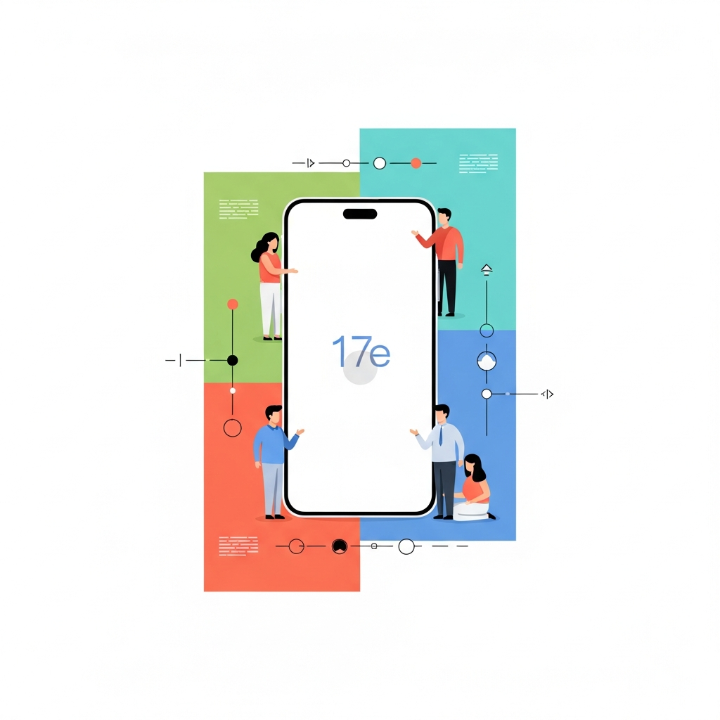 Clean infographic showing a stylized smartphone with a "17e" label, subtly hinting at a spring 2026 release. Modern layout with high contrast, colored background. No visible text. Korean appearance people.