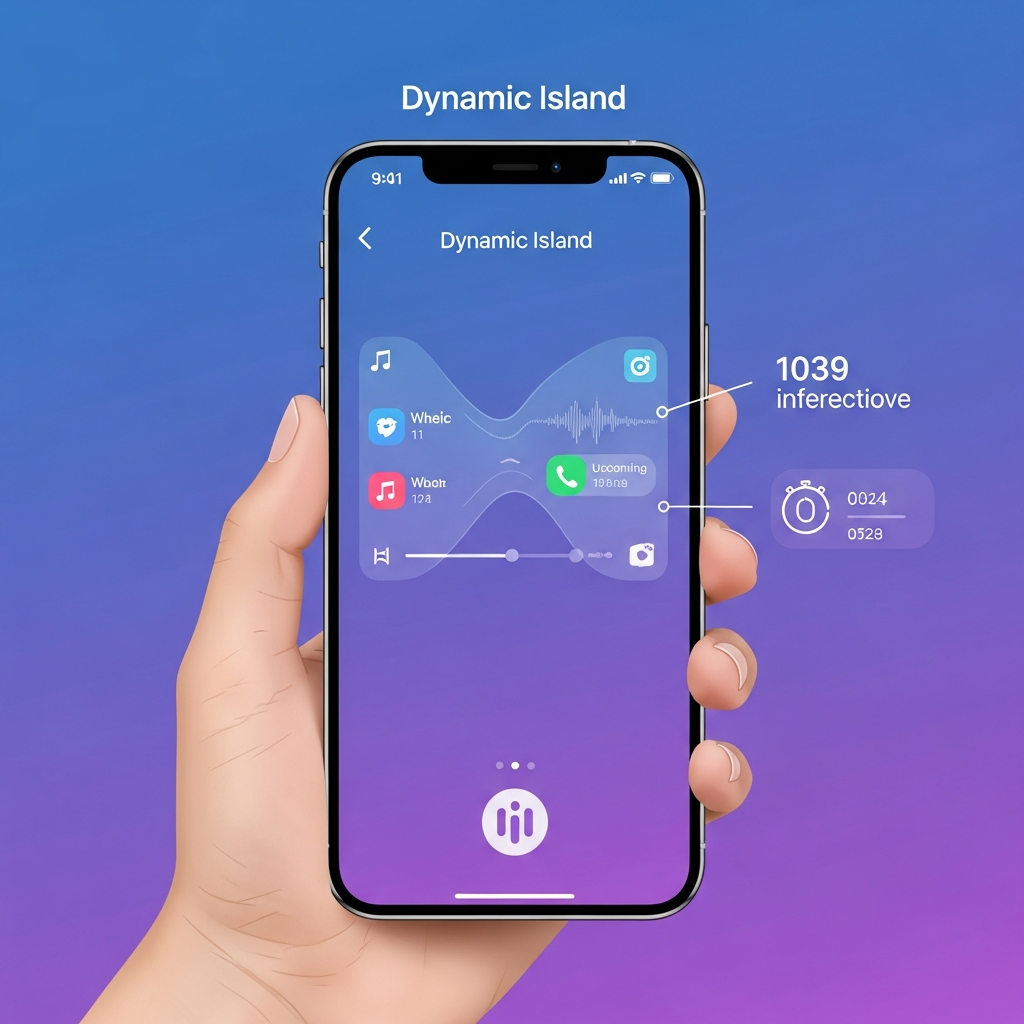 A modern infographic displaying a smartphone screen with the Dynamic Island feature. Clean lines, high contrast, on a gradient background. No text, focus on the visual representation of the Dynamic Island replacing a notch. Korean appearance people.