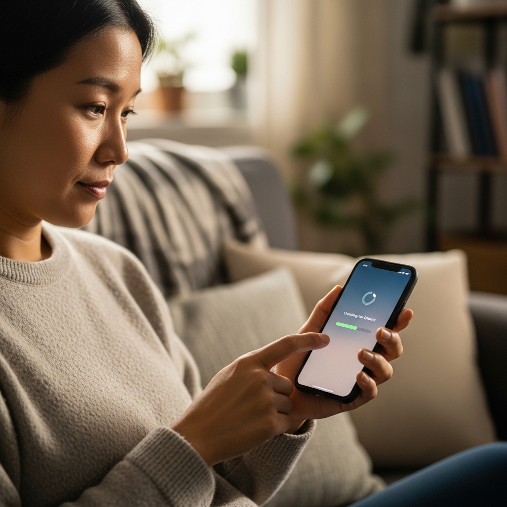 Person checking iPhone for software updates with anticipation, cozy home environment, natural lighting, realistic lifestyle scene, Korean appearance, thoughtful expression, no text