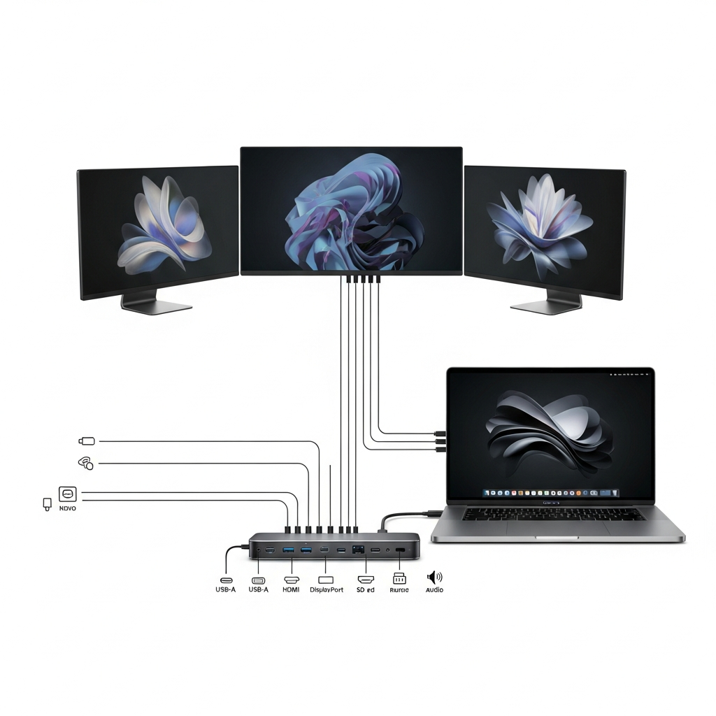 A sleek, modern infographic showing a Thunderbolt 5 dock connected to a MacBook Pro, displaying multiple external monitors. Highlight the 23 ports and the triple display setup. Style: clean infographic, modern layout, high contrast. No text.