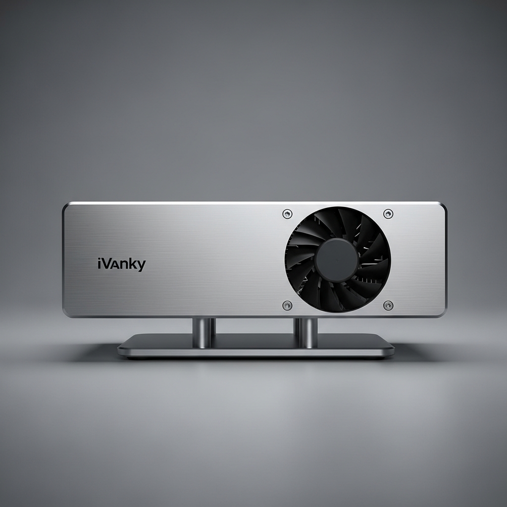 A detailed product shot of the iVanky FusionDock Max 2, showcasing its unique floating aluminum chassis and visible cooling fan. Emphasize its robust build and efficient heat dissipation. Style: product photography, modern, industrial design. No text.