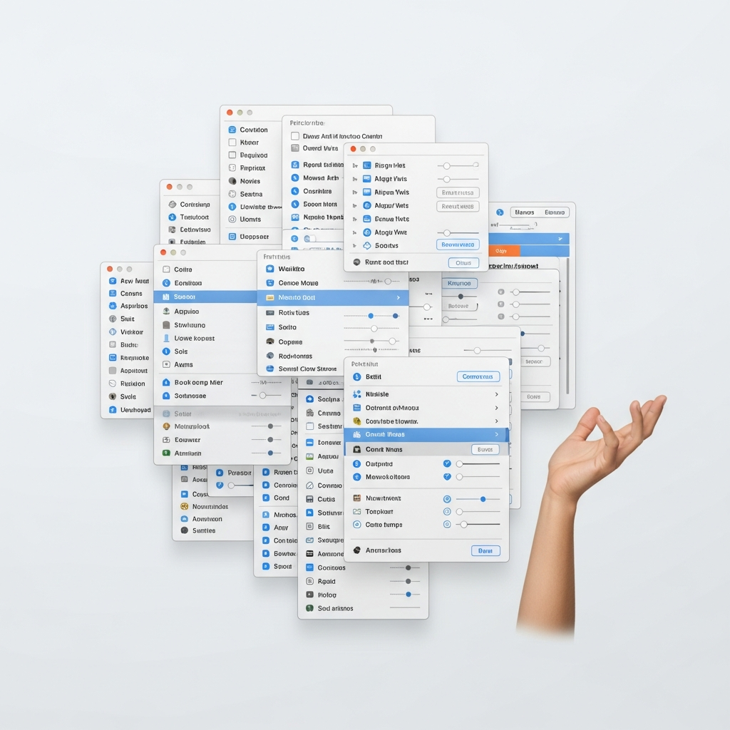 An infographic illustrating the complexity of Apple Mail's menus and settings. Show overlapping menu windows and confusing options, with a user's hand gesturing in confusion. Clean, modern infographic style. No text.