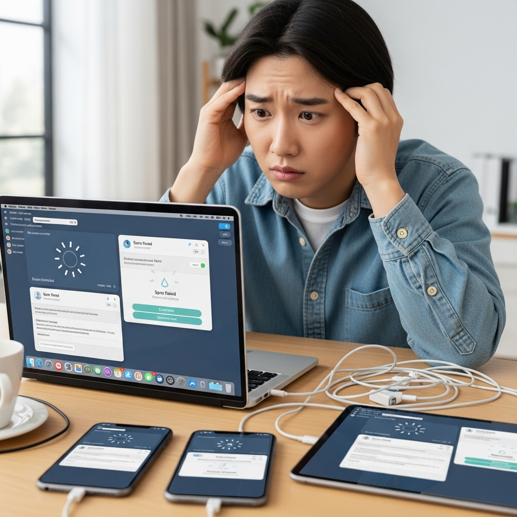 A Korean person looking frustrated while trying to sync multiple email accounts on their Apple devices (Mac, iPhone, iPad). Wires and device icons subtly indicate connection issues. The user has a puzzled expression. Lifestyle photography. No text.