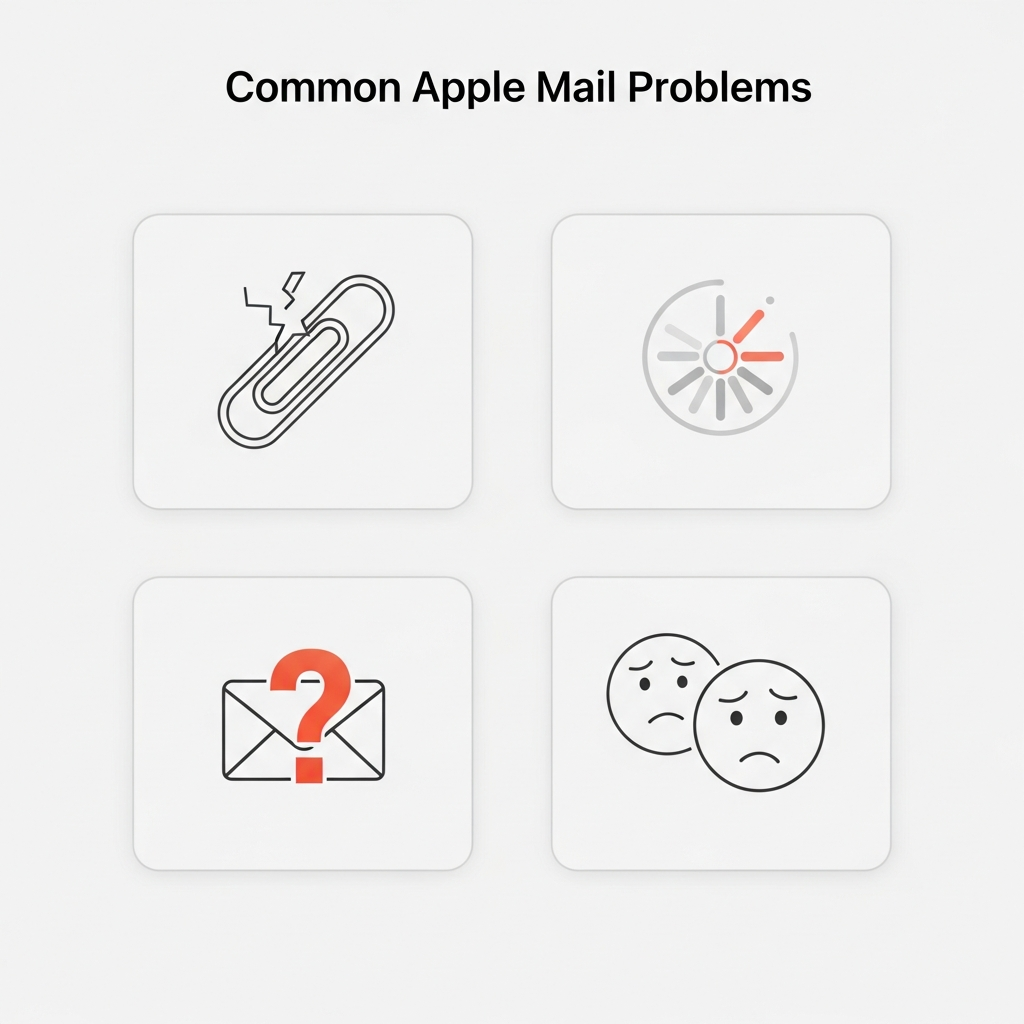 A clean, minimalist infographic showing various symbols representing Apple Mail problems like a broken attachment icon, a spinning loading wheel, a question mark over an email envelope, and confused user faces. The overall mood is one of uncertainty and issues. Infographic style. No text.