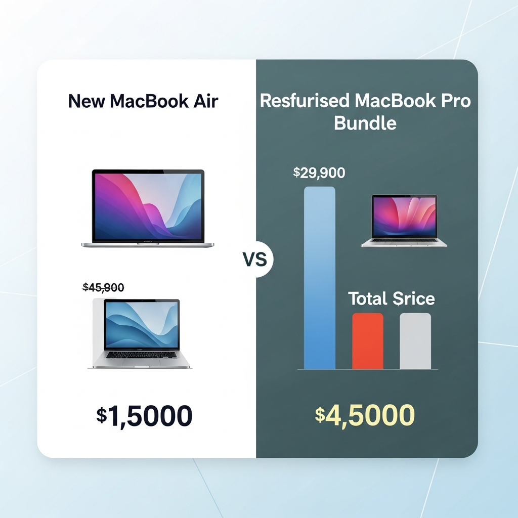 Price comparison infographic showing cost savings between new MacBook Air and refurbished MacBook Pro bundle deal, clean modern design with charts and numbers, bright background, no text