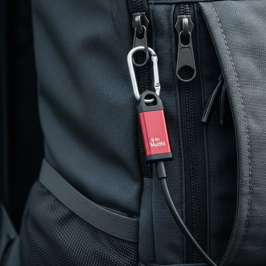 A durable 8-in-1 multi-charging cable attached to a backpack zipper with its integrated carabiner, clearly showing its compact, robust design and portability in an outdoor or travel setting. The focus is on the convenience of carrying it. Lifestyle photography with natural light. No text in image.